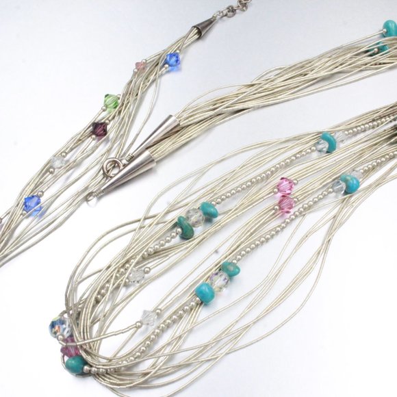 CAROLYN RELIOS LIQUID STERLING SILVER TURQUOISE GLASS FLOATING BEADS NECKLACE SE - Picture 2 of 8